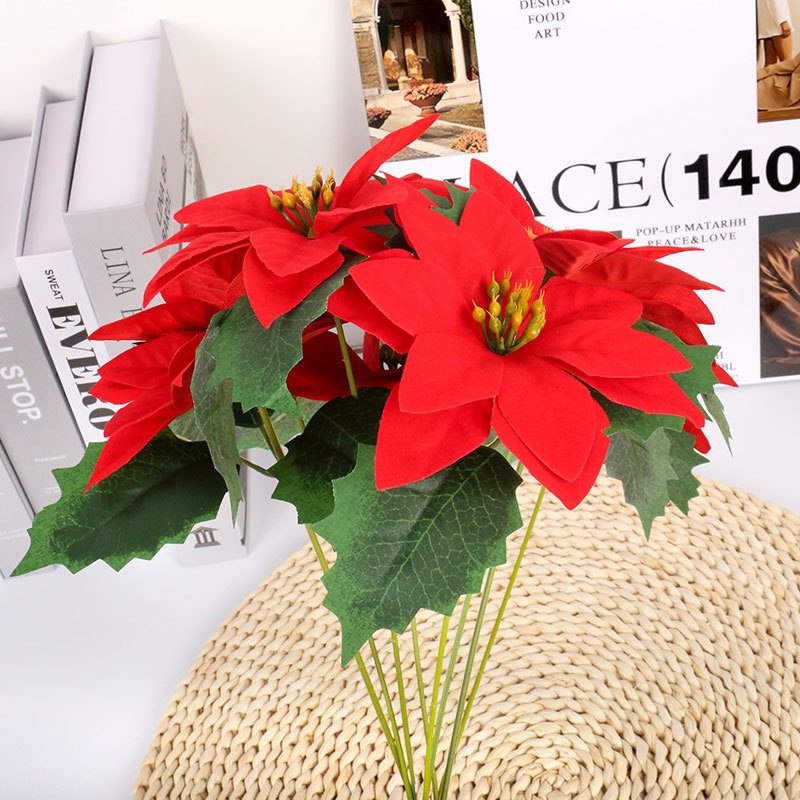 5-Head Christmas Bouquet Flannel Poinsettia Fake Flower Red Potted Silk Flower Decoration