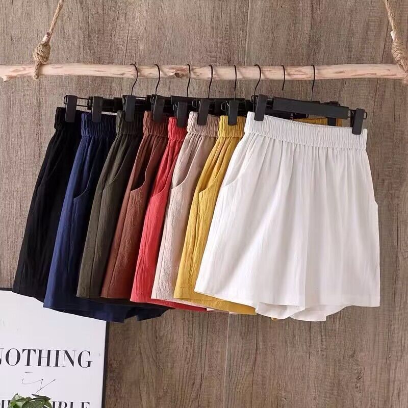 Asian Cotton Wide-Leg Shorts Solid Color Summer Women's Clothing New Three-Point Casual Pants Women's Cotton and Linen Baggy Pants Women's Thin Fashion